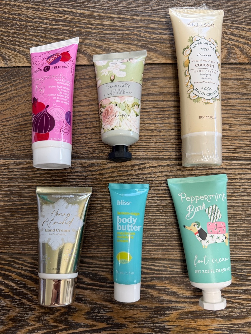 6 Hand Creams peppermint, bark, lemon, and sage, honey, almond pomegranate fig